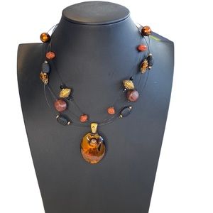 Chico’s Autumn Tone Multi Layer Glass Pendant Statement Necklace